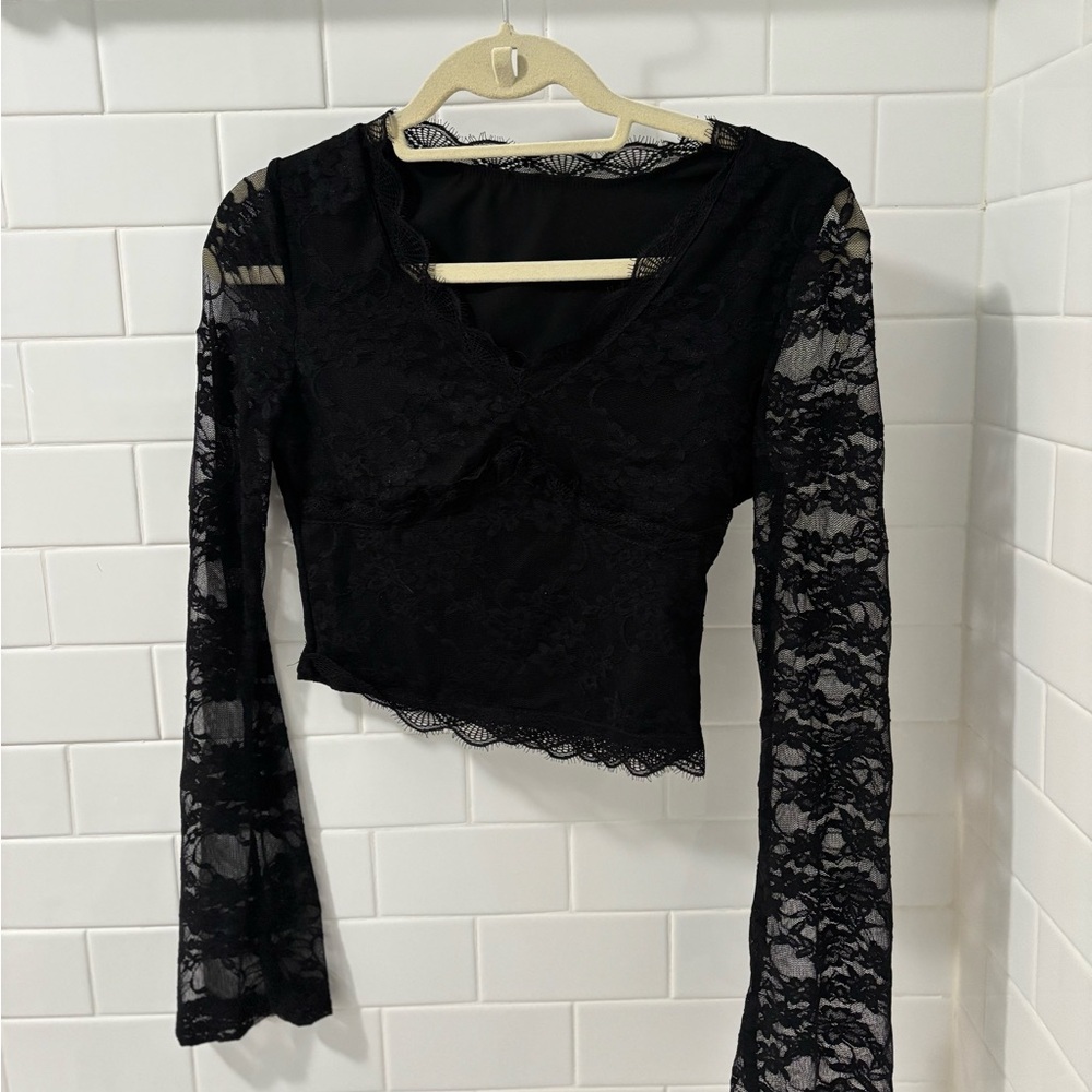 SHEIN Black Lace Crop Blouse Long Sleeve